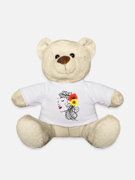 Frau mit roten und gelben Hibiskusblüten - Teddy - Weiß
