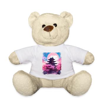 Vaporwave Cherry Blossom Sakura Tree in a Temple - Teddy Bear - white - Front