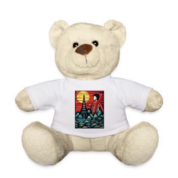 Holzschnitt Kunst, Der japanische Junge aus Tokyo - Teddy - Weiß - Vorne