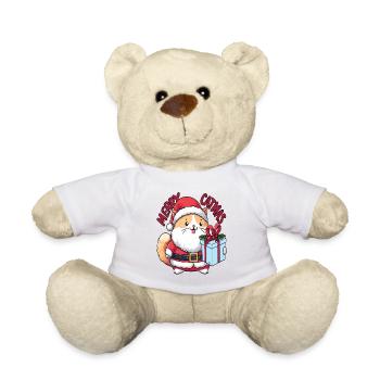 Dicke Katze als Weihnachtsmann mit Geschenk Merry Catmas - Teddy - Weiß - Vorne
