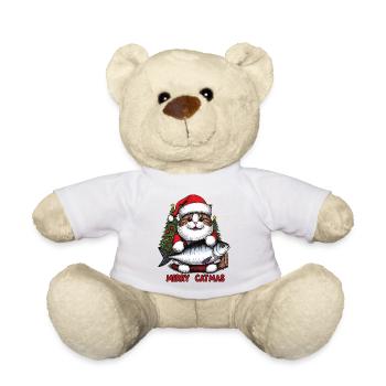 Dicke Katze als Weihnachtsmann mit Thunfisch, Merry Catmas - Teddy - Weiß - Vorne