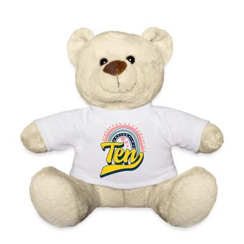 Birthday Shirt, Ten Cute Rainbow Design Tee, 10 - Teddy Bear - white - Front