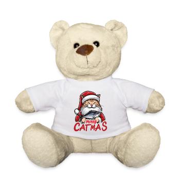 Fette Katze als Weihnachtsmann mit Thunfisch, Merry Catmas - Teddy - Weiß - Vorne
