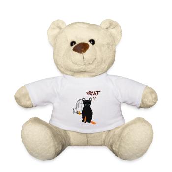 Little black cute kitten and bird - Teddy Bear - white - Front
