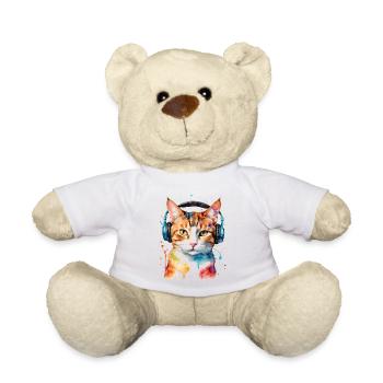 Katze Kopfhörer Bunt Lustig Tier Design Print - Teddy - Weiß - Vorne