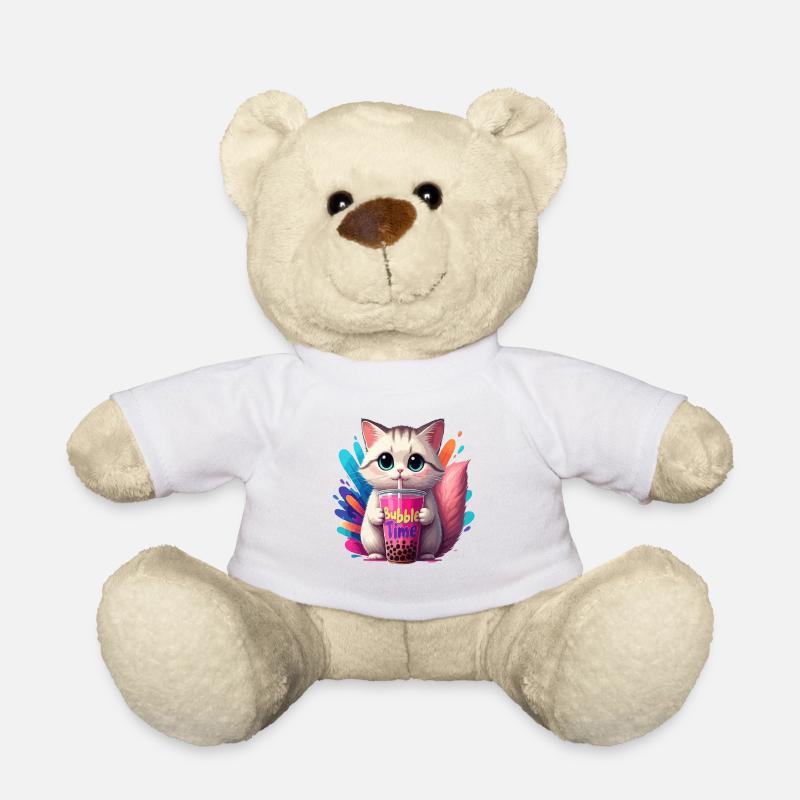 Katzenillustration mit Bubble Time Motiv - Teddy - Weiß