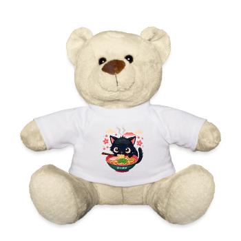 Cute Japanese Cat Eating Ramen Noodle Dish - Teddy Bear - white - Front
