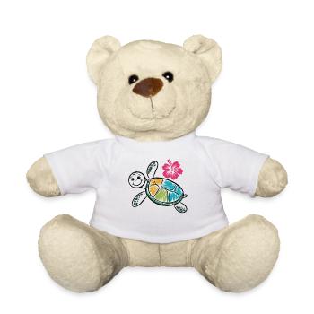 Colorful Turtle with Hibiscus – Summer Shirt - Teddy Bear - white - Front