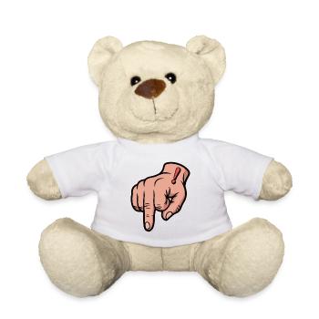 Illustration d'une main avec un point d'exclamation rouge en gras - Nounours - blanc - Devant