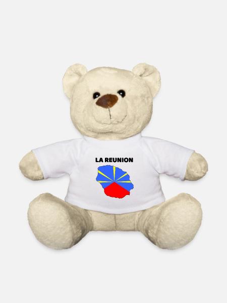 Ile de la Réunion Carte et Drapeau - Cadeau - Nounours - blanc