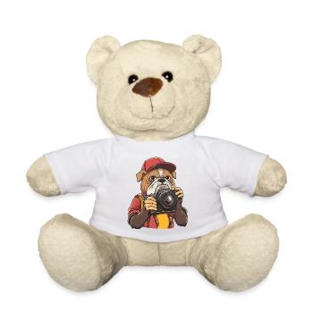Lustiger, cooler Bulldoggenfotograf mit Kamera - Teddy - Weiß - Vorne