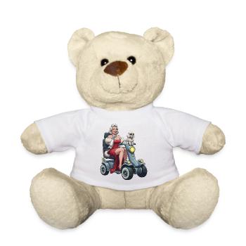 Pinup-Diva auf Mobilitätsroller und Hund - Teddy - Weiß - Vorne