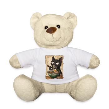 Funny black Cat eating Ramen Noodles Japan Food - Teddy Bear - white - Front