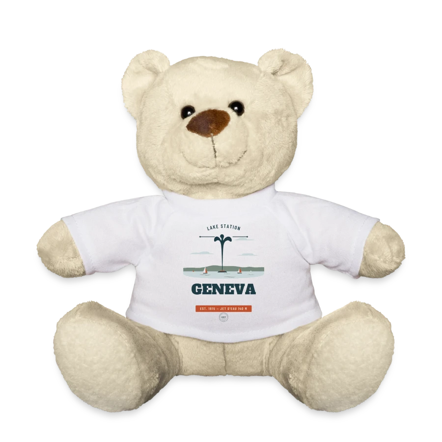 Geneva badge on a teddy bear, white