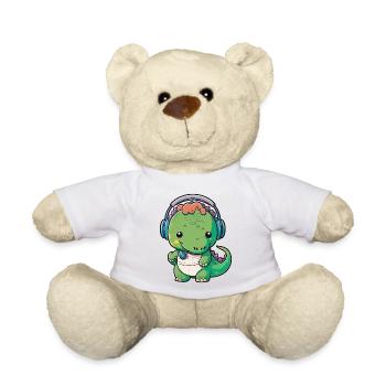 Kawaii Cute Happy Colorful Dino with Headphones - Teddy Bear - white - Front