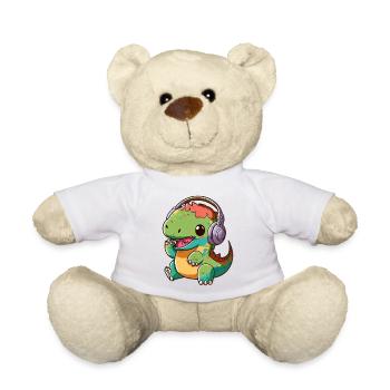 Kawaii Cute Happy Colorful Dino with Headphones - Teddy Bear - white - Front