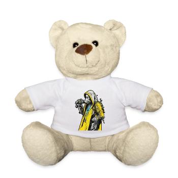 Hood woman wearing a face mask with a yellow - Teddy Bear - white - Front