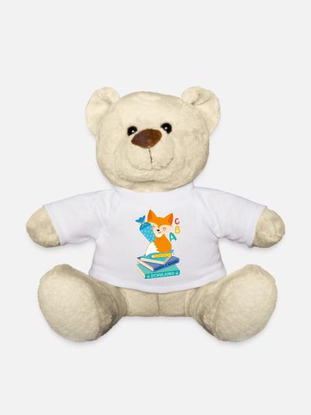 Fuchs mit Schultüte auf Bücherstapel Einschulung - Teddy - Weiß