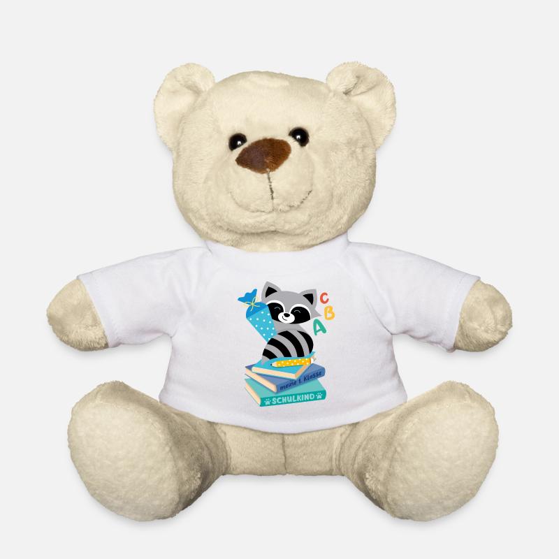 Waschbär mit Schultüte auf Bücherstapel - Teddy - Weiß
