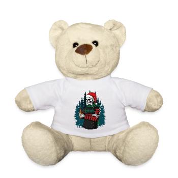 Skelett mit Santa-Hut trinkt Bier im Winterwald - Teddy - Weiß - Vorne