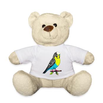 Colorful parrot yellow blue budgie on branch - Teddy Bear - white - Front
