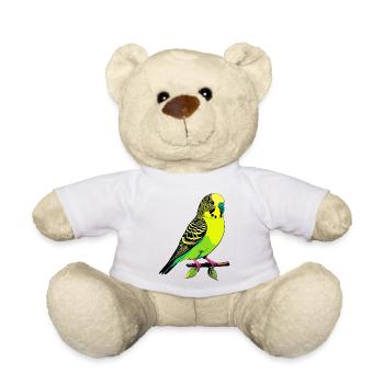 Neon Yellow-green Budgie Bird Sitting on Branch - Teddy Bear - white - Front