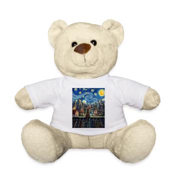 Tabby Cat Starry Night Village Art - Teddy Bear - white - Front