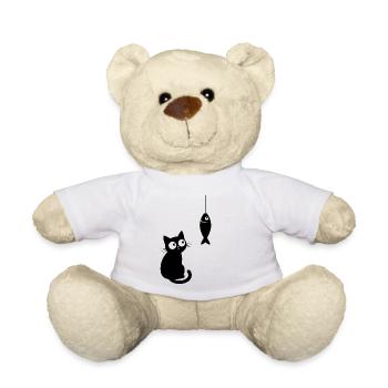 Schwarze Katze und Fisch-Neugier - Teddy - Weiß - Vorne