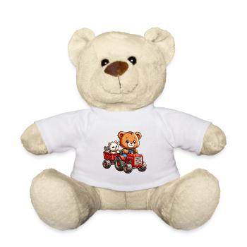 Ours en peluche et chaton conduisant un tracteur avec remorque - Nounours - blanc - Devant