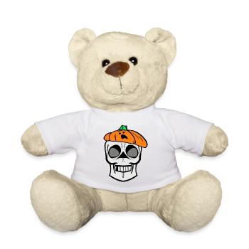 Crâne squelette avec béret citrouille, dessin animé, automne - Nounours - blanc - Devant
