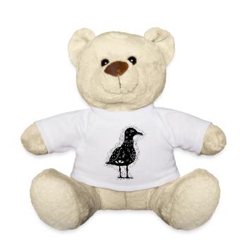 Seagull black Scandinavian block print, lino print - Teddy Bear - white - Front