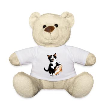 Kitten with Big Salmon – Kitty with Fish - Teddy Bear - white - Front