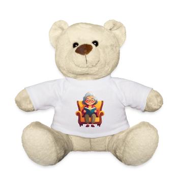 Grand-mère assise dans le fauteuil en train de lire un livre - Nounours - blanc - Devant