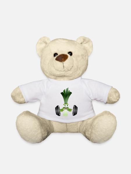 Eine Stange Lauch mit einer Hantel beim trainieren - Teddy - Weiß