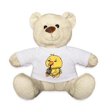 Anime Kawaii Bubble Tea Drinking Yellow Bird - Teddy Bear - white - Front
