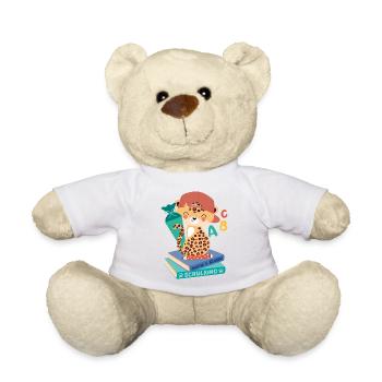 Leopard with school cone stack of books school child - Teddy Bear - white - Front