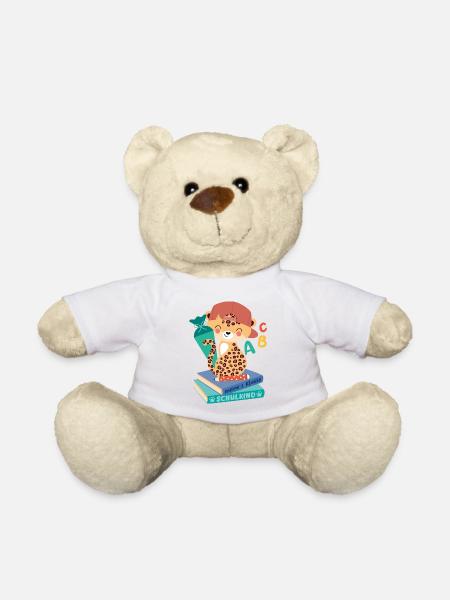 Leopard with school cone stack of books school child - Teddy Bear - white