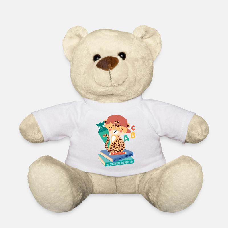 Leopard with school cone stack of books school child - Teddy Bear - white