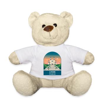 Lyon France City Skyline Vintage Travel Poster - Teddy Bear - white - Front