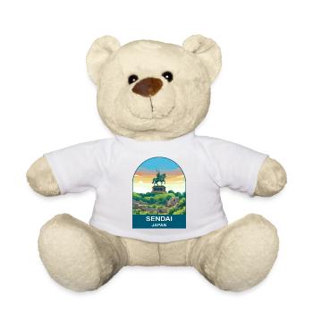 Sendai Japan Samurai Statue Vintage Travel Art - Teddy Bear - white - Front