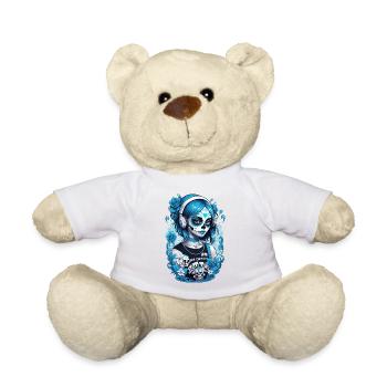 Sugar Skull Girl with Headphones and Blue Roses - Teddy Bear - white - Front