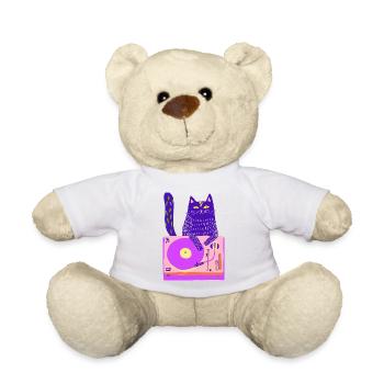 Neon Cat DJ on Pink Turntable - Teddy Bear - white - Front