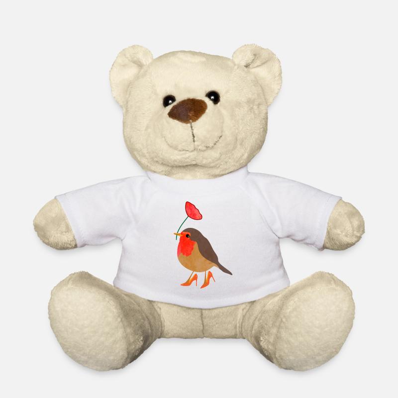 Robin with poppy - Teddy Bear - white