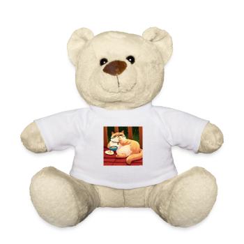 Cat lazes on balcony and eats comfortably - Teddy Bear - white - Front