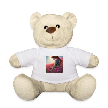 Eine Frau zwischen rosa Blumen - Teddy - Weiß - Vorne