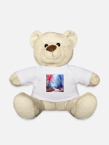 Rosa und blaue Aquarellbäume - Teddy - Weiß