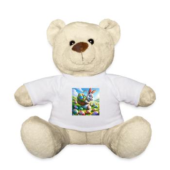 Un joyeux lapin de Pâques sur une prairie verte - Nounours - blanc - Devant