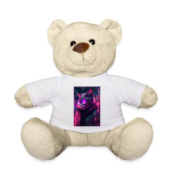 Techno Katze Japan Neon City Art - Teddy - Weiß - Vorne
