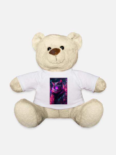 Techno Katze Japan Neon City Art - Teddy - Weiß
