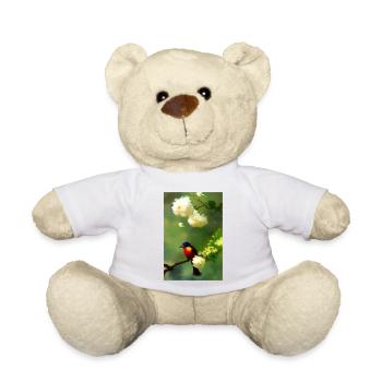 Bird on branch with flower blossoms - Teddy Bear - white - Front